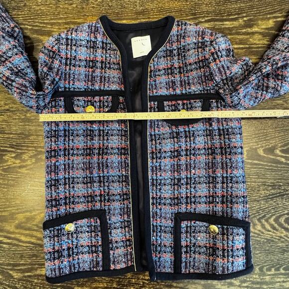 Sandro Women’s Tweed Bouclé Jacket M Blue Plaid Gold Buttons Preppy Classic Chic - Picture 12 of 14